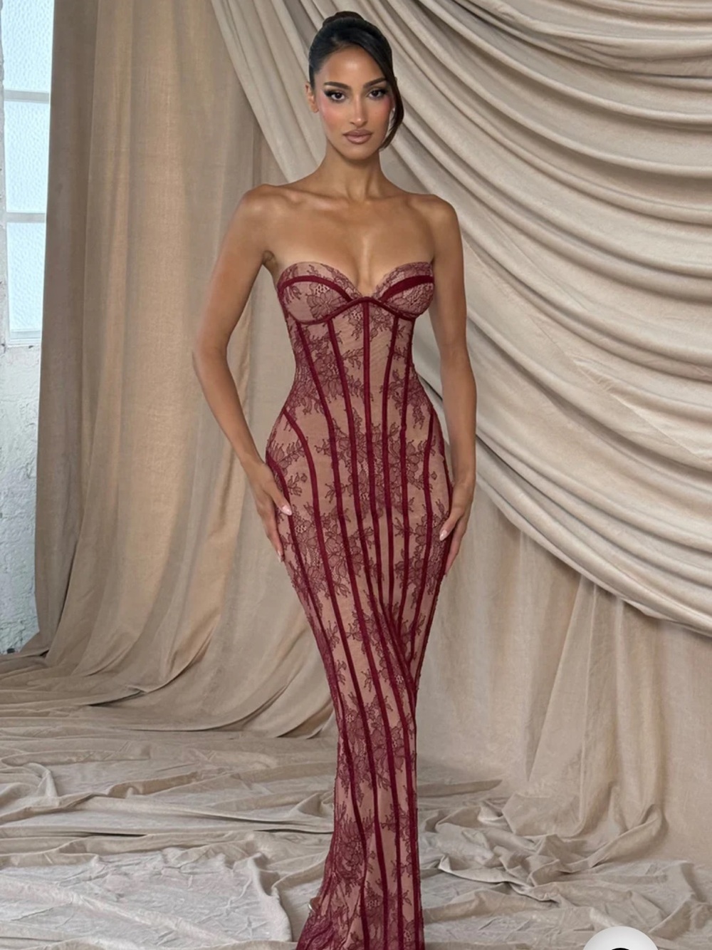 Babyboo SIAN MAXI DRESS - BURGUNDY Strapless Lace Evening Gown - Picture 2 of 8